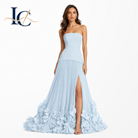 Robe de soirée plissée de luxe bleue à appliques florales pour femme, robe de bal sans bretelles, robe de soirée formelle, vente en gros personnalisée OEM ODM