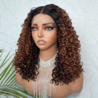 Perruque synthétique Lace Front 180% Ombré Blond Brun avec Raie au Milieu, Boucles Afro Kinky, Dentelle HD, Sans Colle