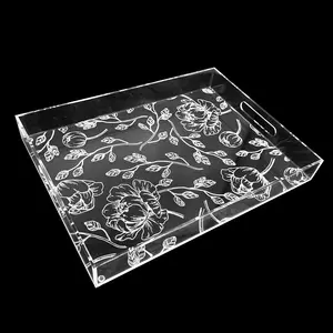 Clear White Floral Pattern Spill Resistant Bathroom Tray Acrylic Tray for Food Perfume Cosmetics Coffee Table