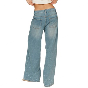 Precio al por mayor Jeans de mezclilla para mujer, estilo holgado, de cintura baja, sexys, con cristales y de pierna ancha - Product Image 3