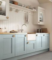 Nouvelle conception moderne de cuisine modulaire rafraîchissante en bois massif bleu ciel avec comptoir en bois