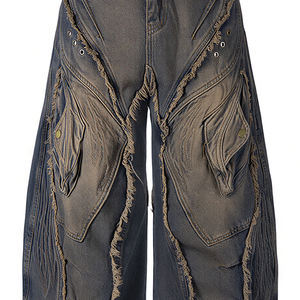 <span class=keywords><strong>Jeans</strong></span> Masculinos de Alta Qualidade, Estilo Industrial Escuro, com Retalhos Estruturais, Perna Larga, Corte Solto, Desfiado e com Borlas, Lavado, de Designer Personalizado - Product Image 6