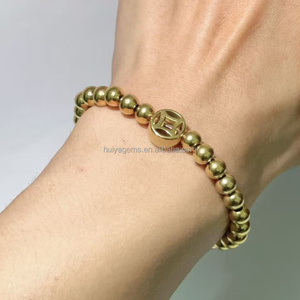 Bracelet en acier inoxydable de perles d'obsidienne, pendentif en jade porte-bonheur réglable plaqué or, vente en gros - Product Image 6