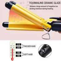 Fer à boucler portable triple barillet en céramique tourmaline, à chaleur rapide en 30 secondes, avec écran LCD 3 couleurs et 3 températures, pour usage domestique et en camping-car