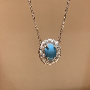 Ensemble collier et boucles d'oreilles en argent pur S925, luxe haut de gamme, rétro, pour femmes, ovale léger, turquoise, zircon brossé, perle, noble, élégant - Product Image 2