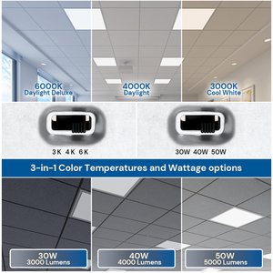 Lámpara Cuadrada de 30-50W con Potencia Seleccionable, 60x60, 120x30, 120x60, Interruptor DIP de 3 Temperaturas de Color, Panel LED Plano Comercial Delgado para Techo Empotrado - Product Image 2