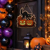 Nouvelle Décoration de Porte d'Halloween 2026 en Bois Double Couche - Ornement Suspendu Chat Noir et Citrouille Phosphorescents pour Entrée Principale