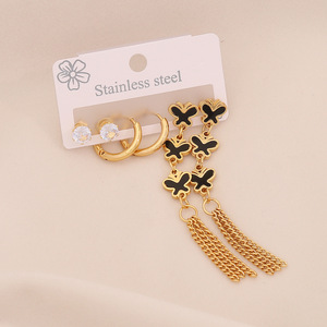 Joyería de acero inoxidable de moda, conjunto de pendientes de acero de titanio con borla en forma de corazón, pendientes de flores de seis hojas chapados en oro para regalo - Product Image 2