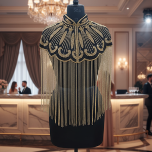 Elegant Vintage Golden Beaded <b>Satin</b> Short Party Dress Sequins Handwork Digital Printing Stand Collar Plus Size Autumn Summer - Product Image 3