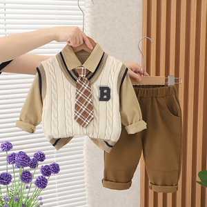 Ensemble trois pièces décontracté pour garçons, style automne, pull à cravate B-Line, nouveau modèle, pour 1-2-4 ans - Product Image 2
