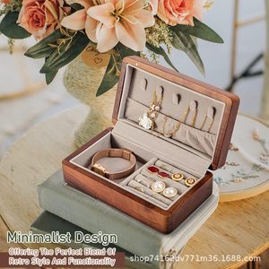 Walnut Wood Jewelry Box Rectangle Portable <b>Storage</b> For <b>Rings</b> Earrings Necklaces Bracelets Desktop Organizer Solid Color - Product Image 2