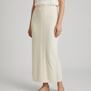 Conjunto de Cárdigan Largo hasta el Tobillo y Falda Recta de Punto Acanalado con Mezcla de Lana para Mujer, Cintura Elástica, Cuello Redondo, Color Sólido, para Primavera - Product Image 1