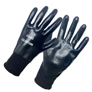 Fabriekslevering Zwart Polyester Breit Alle Ondergedompelde Nitril Handschoenen Op Maat Logo Waterdichte Oliebestendige Werkhandschoenen Voor Tuinieren