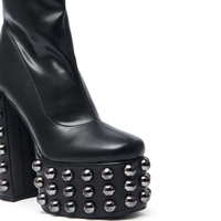 Bottines à plateforme noires pour femmes avec détails cloutés, bout carré et talon épais, style punk, bottes de soirée