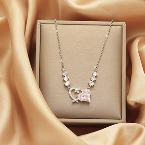 New Romantic Pink Zircon Pendant Necklace Geometric Heart Shaped Flowers <b>Titanium</b> Steel <b>Chain</b> Choker Necklace Gift - Product Image 3