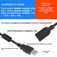 Kabel Ekstensi USB 3m 4 Core, Male ke Female, Kabel Data dan Daya Berpelindung Cincin Magnetik Ganda dengan Konektor Male