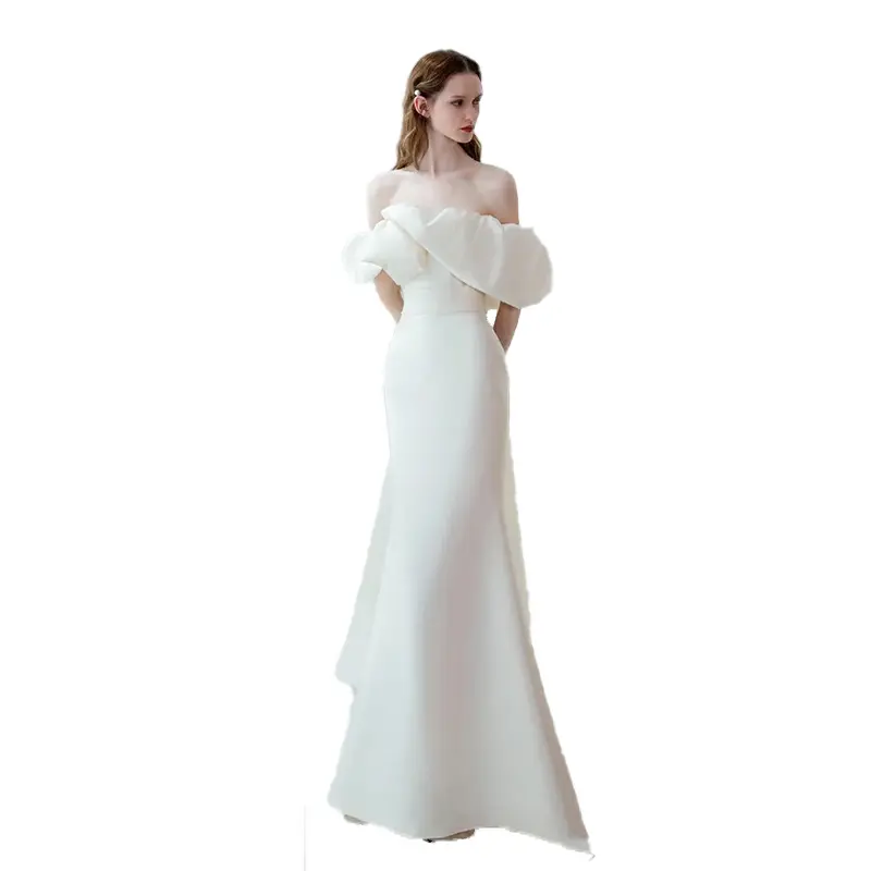 off shoulder light wedding dress autumn/winter 2022 New bride wedding French satin trailing wedding dress