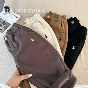 Boys' Casual Fleece Lined Pants Solid Color Cotton Knitted Winter 2024 Thickened Elastic Waist Long Trousers For Toddlers - Product Image 1