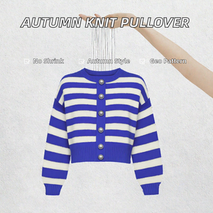 Cárdigan de punto a rayas premium para mujer 2026, 100% acrílico, cuello redondo, con botones frontales, suéter corto, venta al por mayor para otoño - Product Image 2