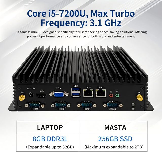 Fanless Embedded Computer Core I5-7200U Windows 11 Pro 8GB RAM 256GB SSD 6 COM Ports Dual LAN 4K HD VGA 24/7 Operation in Stock