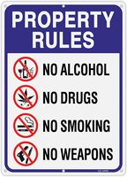 Grand panneau de signalisation pour propriétés : Interdiction d'alcool, d'ustensiles de drogue, de fumer et d'armes - Aluminium réfléchissant inaltérable - Protection UV