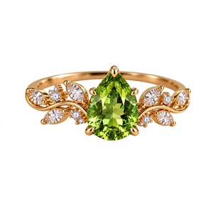 Pear Cut <b>Peridot</b> Engagement <b>Ring</b> 925 Sterling Silver Rhodium Plated Luxury Leaf Vine Design Green Gemstone - Product Image 2