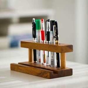 Support de stylo et de téléphone en bois à double usage, de forme carrée, avec plusieurs trous pour l'organisation du bureau - Product Image 2