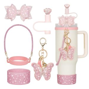 Botella de agua de lujo con tapa de diamantes, soporte de silicona para vaso, colgante de <span class=keywords><strong>mariposa</strong></span>, cadena para vaso, asa brillante, lavable - Product Image 6