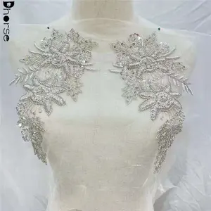 Aplique de renda para noiva, aplique artesanal de strass cristal transparente bordado à mão
