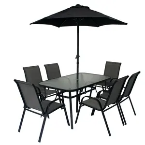 Outdoor Patio Conversation Relax Dining Dinning Tables and Chairs Patio Garden Furniture Set Metal Steel Modern 8 Piece Cafe Set
