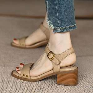 Vintage Chunky Heel Sandals Women Mid Heel Magic Strap Open Toe Backless <b>Soft</b> Leather <b>Shoes</b> - Product Image 3