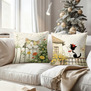 Những chú mèo dễ thương trong cảnh vườn hoa trên những chiếc gối ấm áp với trang trí lễ hội ở phía sau. - Product Image 4