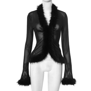 Abbigliamento Femminile di Alta Qualità, Lussuosa Maglietta a Maniche Lunghe in Rete Trasparente con Pelliccia - Product Image 6