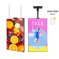 Écran LCD 4K de 65 pouces noir à luminosité élevée (2500 nits) pour affichage publicitaire, avec lecteur multimédia Android intégré, à suspendre en fenêtre