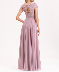 패션 보트 목 짧은 소매 레이스 무도회 하이 웨이스트 다시 중공 쉬폰 가운 맥시 긴 이브닝 여성 웨딩 원피스 - Product Image 6