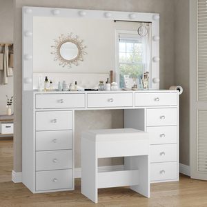 Ensemble de <span class=keywords><strong>coiffeuse</strong></span> blanche avec miroir à <span class=keywords><strong>LED</strong></span>, 11 tiroirs et tabouret, pour chambre de filles - Product Image 5