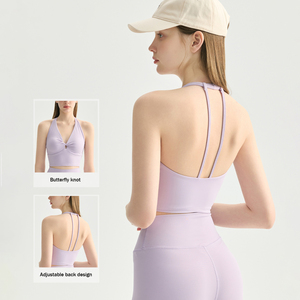 XW-WX62022 Women's Halter Neck Yoga Sports Bra Butterfly Knot Strap Design Soft Stretch Medium <strong>Support</strong> Gym Workout <strong>Crop</strong> <strong>Top</strong> - Product Image 3