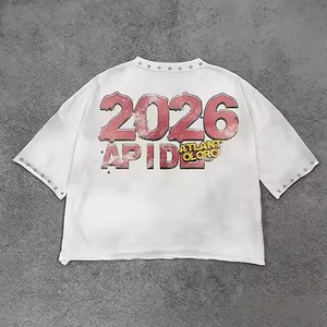 <span class=keywords><strong>T</strong></span>-<span class=keywords><strong>shirt</strong></span> da uomo cropped in cotone 100% personalizzata effetto distressed con strass, stile streetwear, grafica con strass, vestibilità ampia, colore bianco - Product Image 2