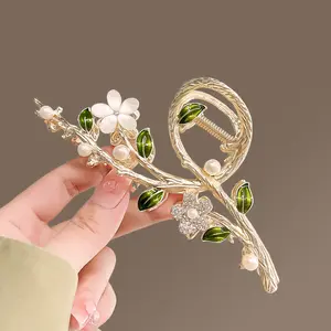 Fashion Gold Stone Diamond Pearls Branch Flower Catcher Clips Alloy Metal Hair Accessories Wholesale Hair Claw Clip