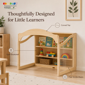 Mobilier moderne en bois pour garderie, coin lecture ouvert avec panneau acrylique inscriptible pour tout-petits, idéal pour crèche Montessori - Product Image 2