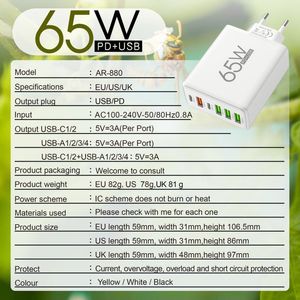 อะแดปเตอร์ชาร์จเร็ว 65W PD รองรับปลั๊ก EU US UK 2 ช่อง Type-C 3 ช่อง USB ชาร์จได้หลายอุปกรณ์ สำหรับโทรศัพท์มือถือและ Macbook เหมาะสำหรับการเดินทาง - Product Image 3