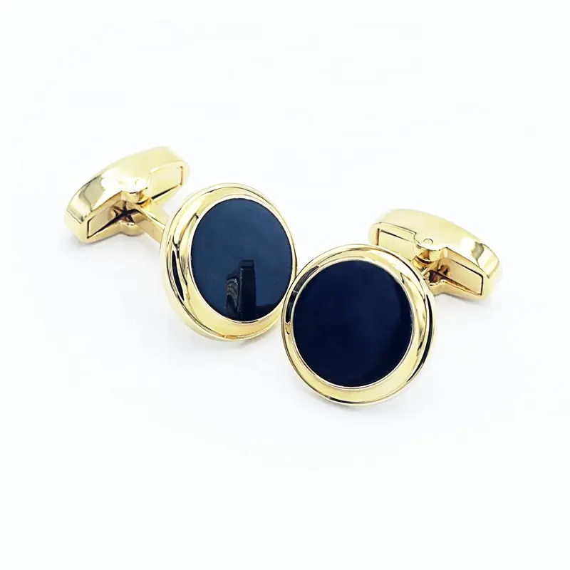 Cufflink e Tie Clip Sets Black Onxy Stone Luxury Men Jewelry Accessories 18K Gold Plated Round Cuff links para Men Shirt