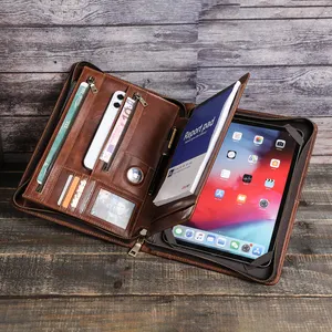 गाय चमड़े Zippered Padfolio व्यापार बहु जेब चमड़े फ़ोल्डर आयोजक मामले के लिए ipad गोली आस्तीन Airtag स्लॉट 10.1 "10.9