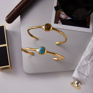 Brazalete Abierto de Ojo de Tigre Chapado en Oro, Joyería Unisex, Regalo, Engaste Ovalado, Origen Yiwu - Product Image 4