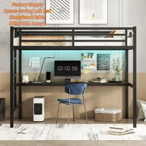 Cama Alta Moderna que Ahorra Espacio con Escritorio, Carga USB, Estructura Metálica Resistente, Luz LED, Almacenamiento, para Dormitorio de Niños, Adolescentes, Habitación de Estudiantes, CPC - Product Image 1