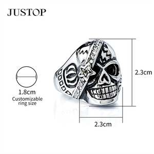 Bague de cocktail JUSTOP pour homme en acier inoxydable, motif crâne, plaqué argent antique, 2,3 cm, style punk, taille personnalisable - Product Image 1