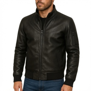 <b>Men's</b> Genuine Leather Bomber Jacket Stand Collar Zipper Closure Moto Biker Style Solid <b>Black</b> Autumn Wear - Product Image 5