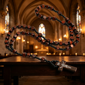 Rosario de Madera con Cuentas y Crucifijo Plateado INRI, Joyería Religiosa Cristiana, Unisex, Hecho a Mano, Chapado Antiguo - Product Image 5