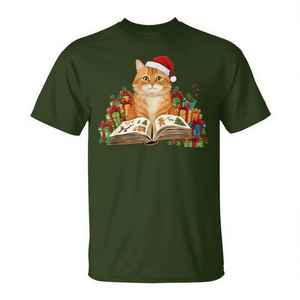 Camiseta navideña con diseño de gato naranja, libro de lectura, gorro de Papá Noel, para amantes de los gatos - Product Image 2