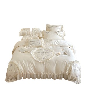 Juego de Ropa de Cama de Cuatro Piezas, 100% Algodón, Estilo Princesa, Bordado Floral, Ribete de Encaje Crema, 140 Hilos, Algodón de Fibra Larga, para Uso Doméstico - Product Image 5